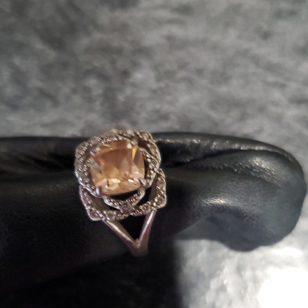 Vintage Style 925 Sterling Silver Peach Champagne Square Halo Ring NVC7